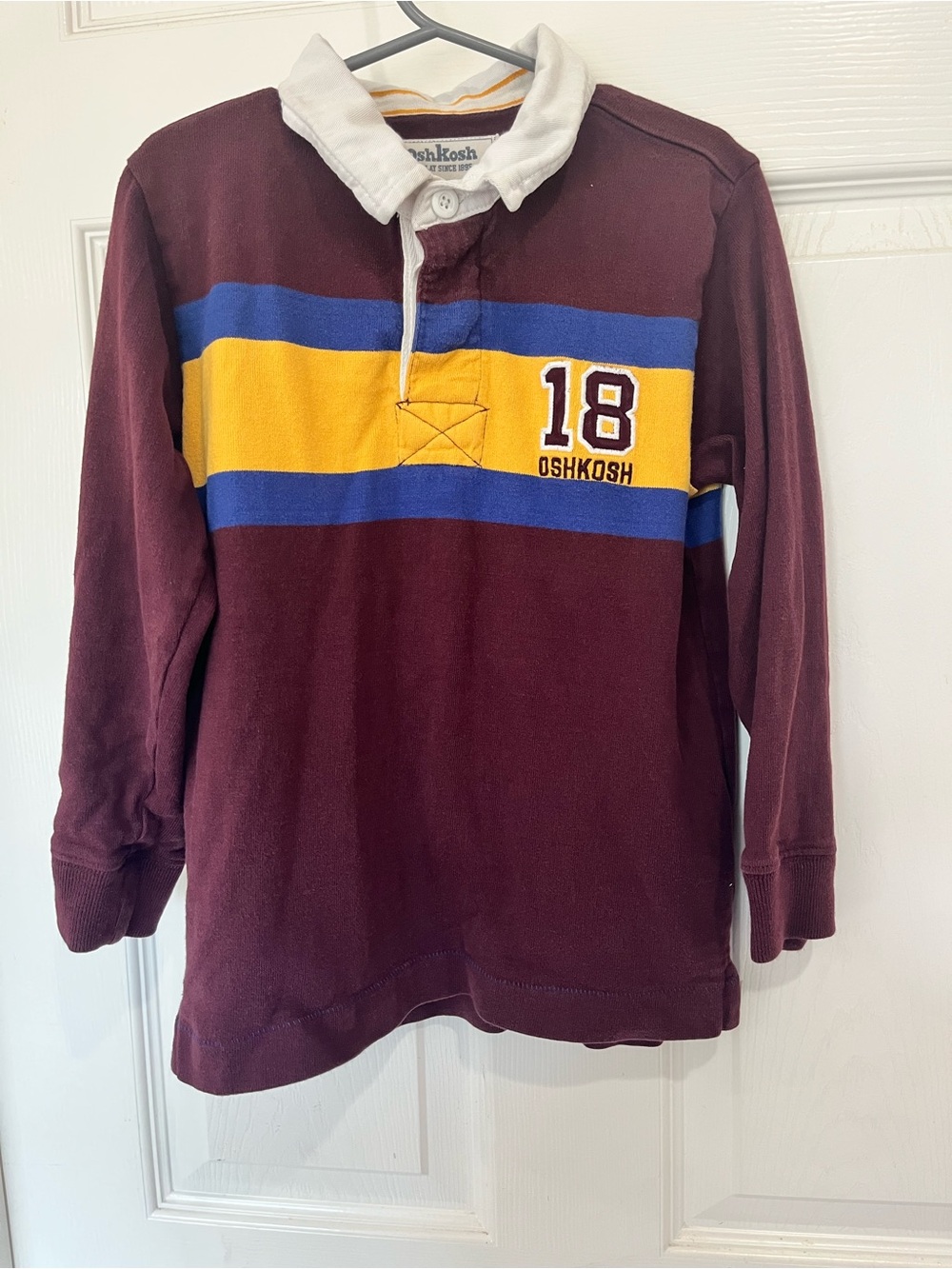OshKosh B’gosh Boys Size 6 Rugby Shirt Burgundy Navy Mustard Yellow Striped